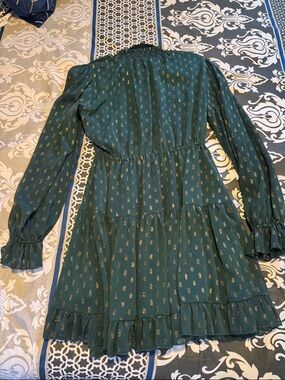 Aqua Teal Green Long Sleeve Ruffle Tiered Dress with Gold Print